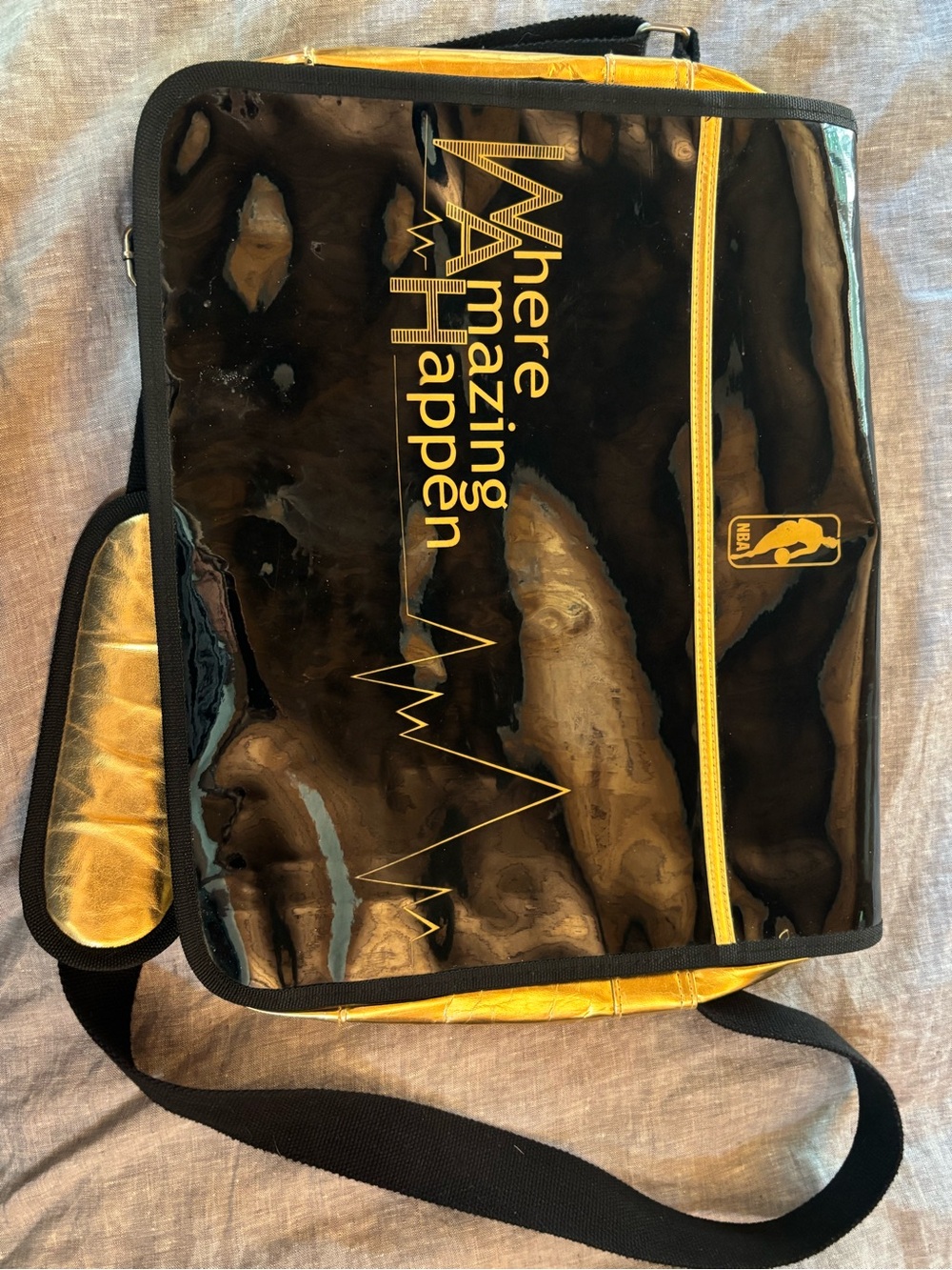 NBA Y2K Messenger Black and Gold Glossy Messenger Bag with Graphic